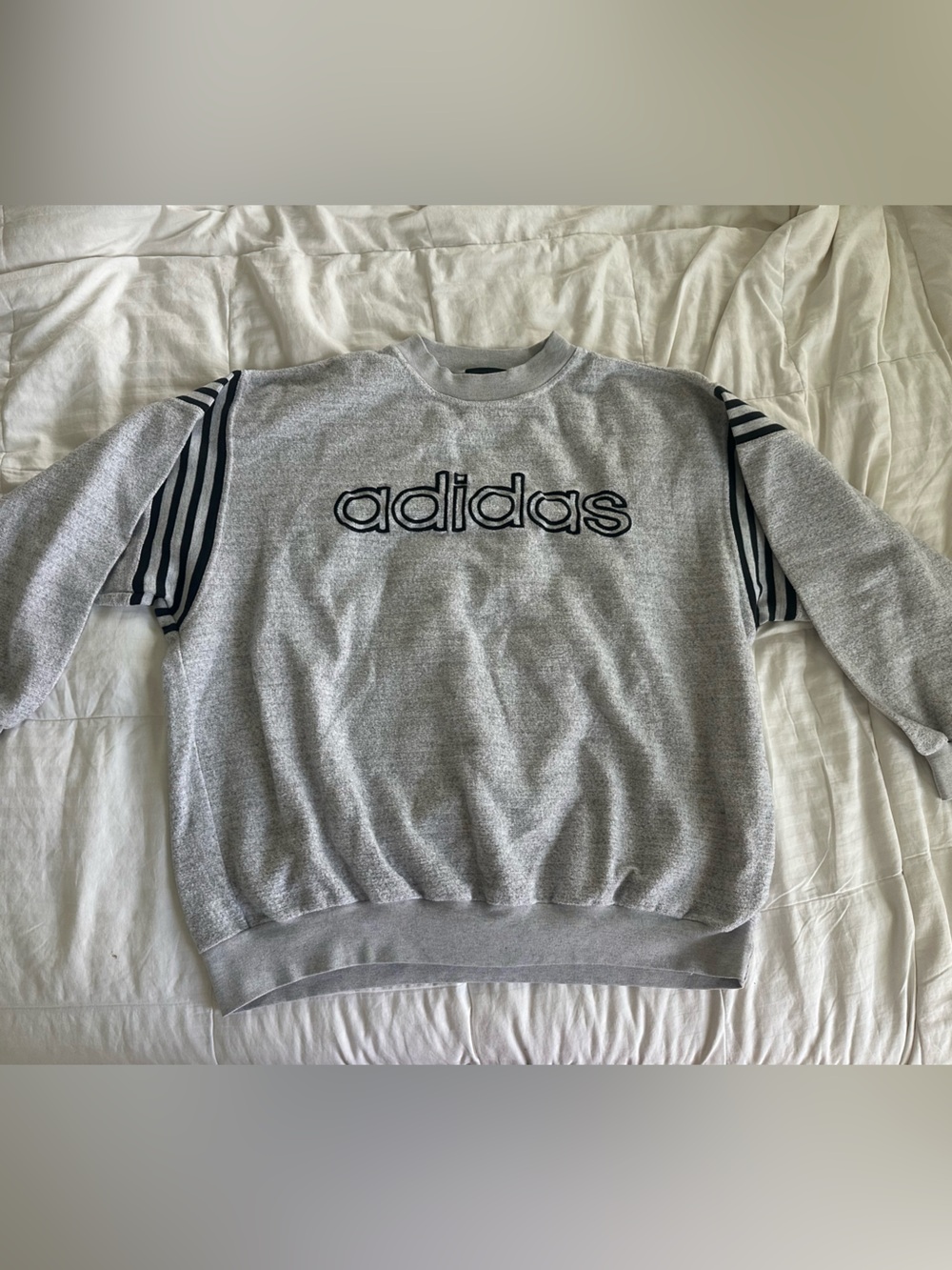 Vintage 90s adidas Grey Crewneck Sweatshirt with Black Stripe Accents
